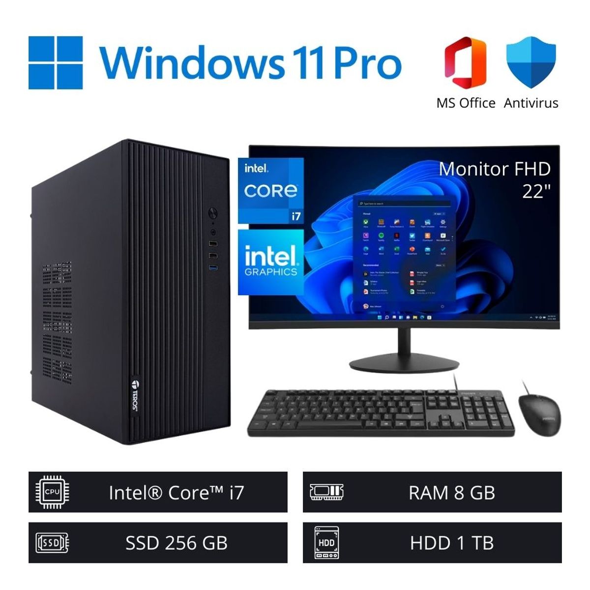 INTEL - Computadora PC Intel Core i7 3,80 GHz 8GB RAM 256GB SSD 1TB HDD + Monitor 22" FHD