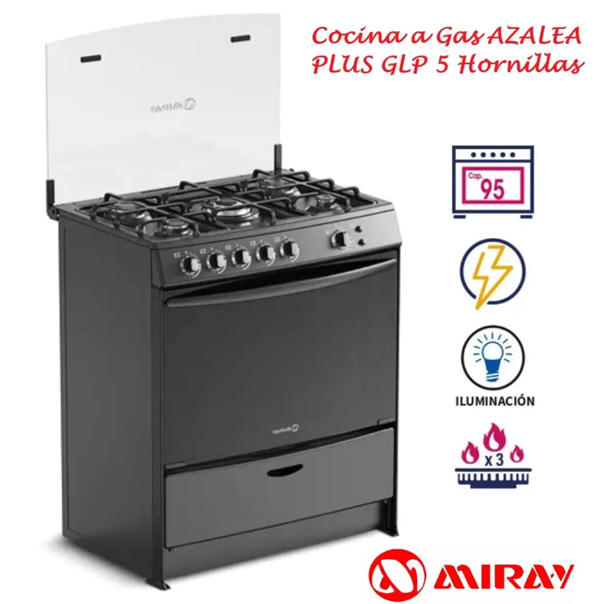 MIRAY - Cocina a Gas Miray AZALEA PLUS GLP 5 Hornillas – Negro