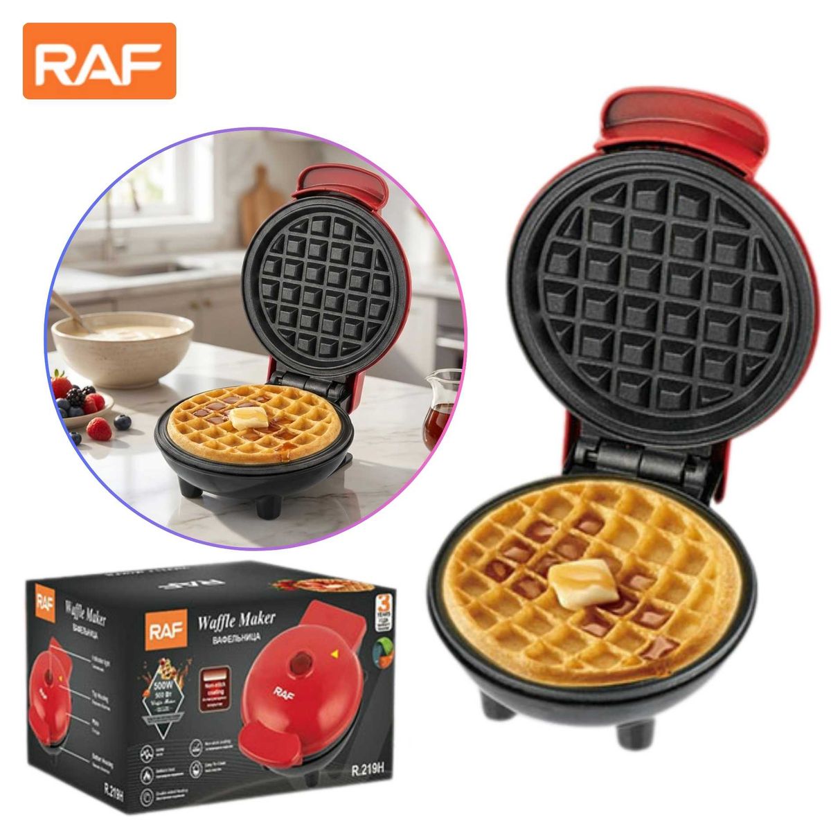 RAFF - Maquina RAF Electrica Waflera Doble Cara Antiadherente 500W para Desayunos