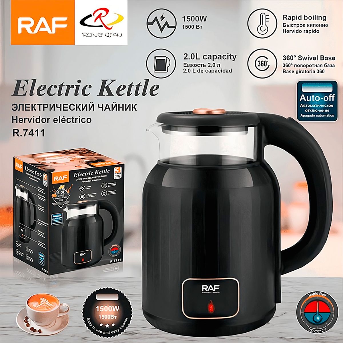 RAFF - Hervidor Eléctrico De Agua Raf R7411 Base Giratorio 360° 2l
