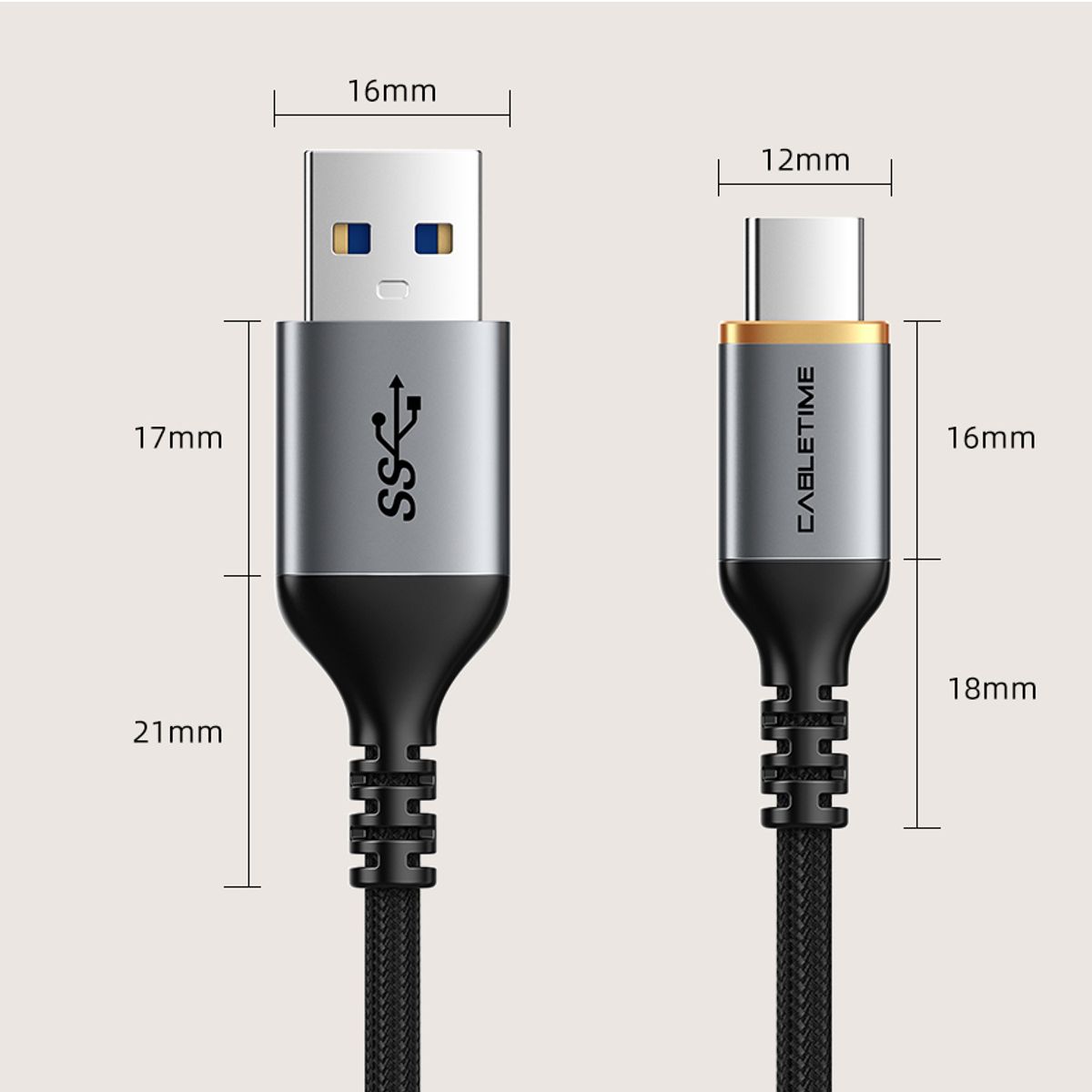 VENTION - Cable 2m USB-A 3.0 USB-C Carga Rapida PREMIUM Nylon Android PC