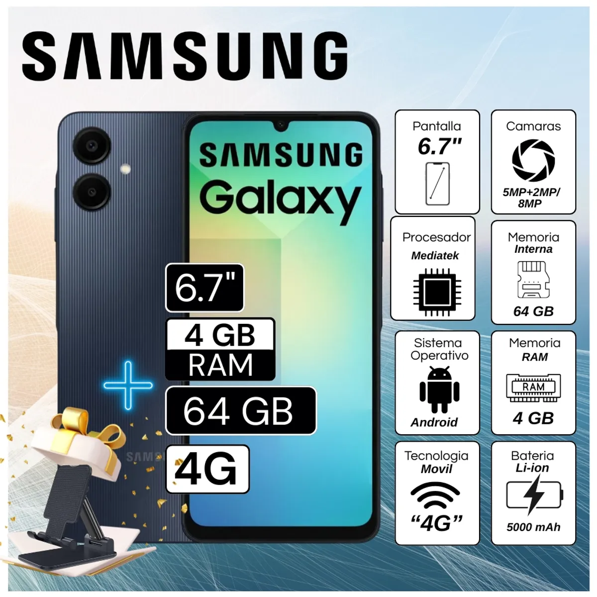 SAMSUNG - Celular Samsung Galaxy A06 4GB RAM 128GB 6.7"  Pulg. - Negro + Regalo