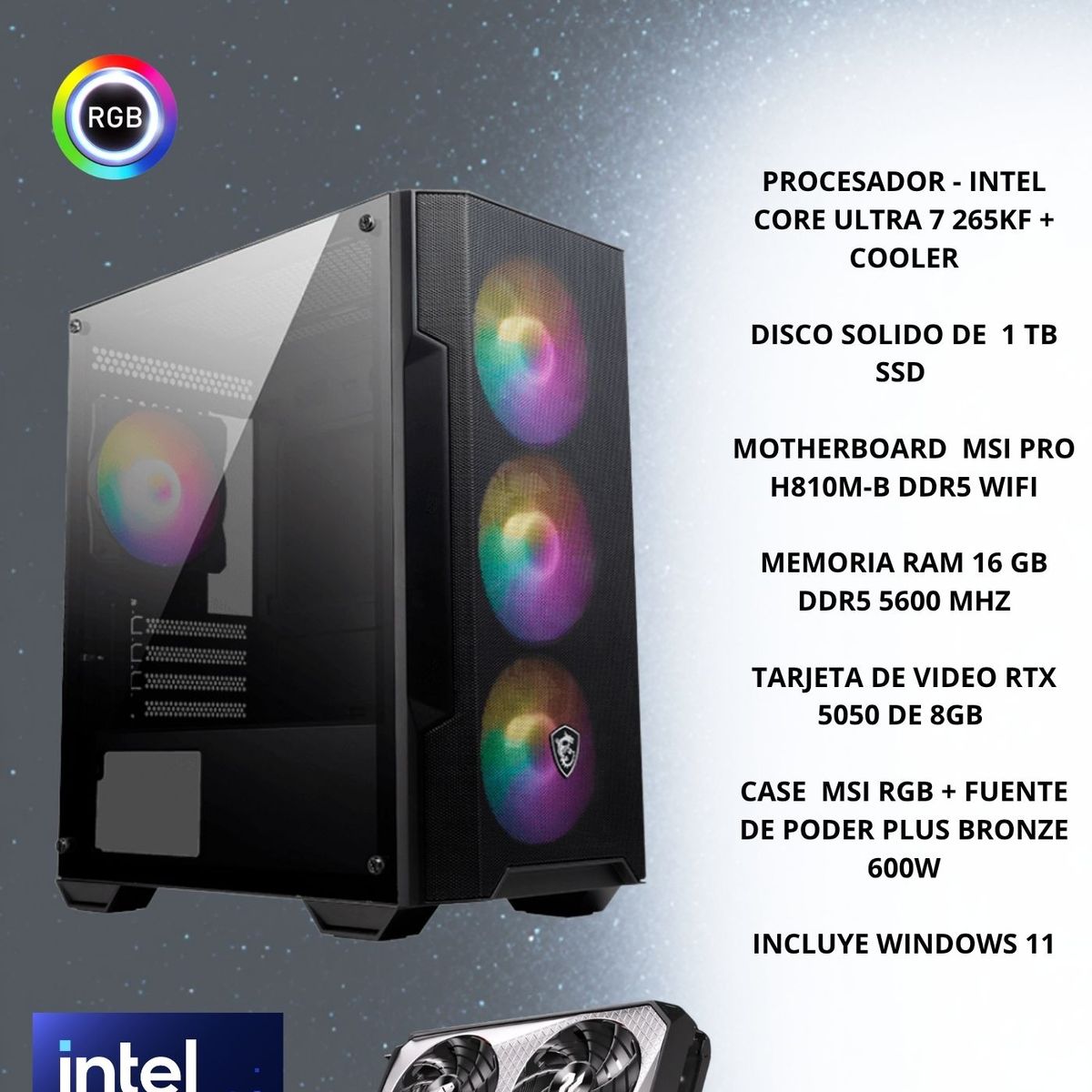 Msi - PC GAMER INTEL ULTRA 7 265KF, RAM 16 GB DDR5, 1 TB SSD, RTX 5050 DE 8GB.