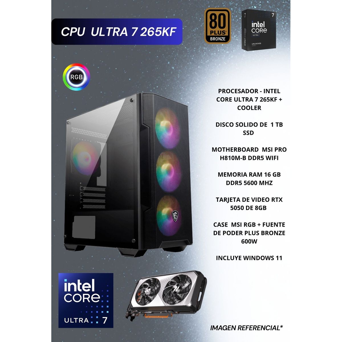 Msi - PC GAMER INTEL ULTRA 7 265KF, RAM 16 GB DDR5, 1 TB SSD, RTX 5050 DE 8GB.