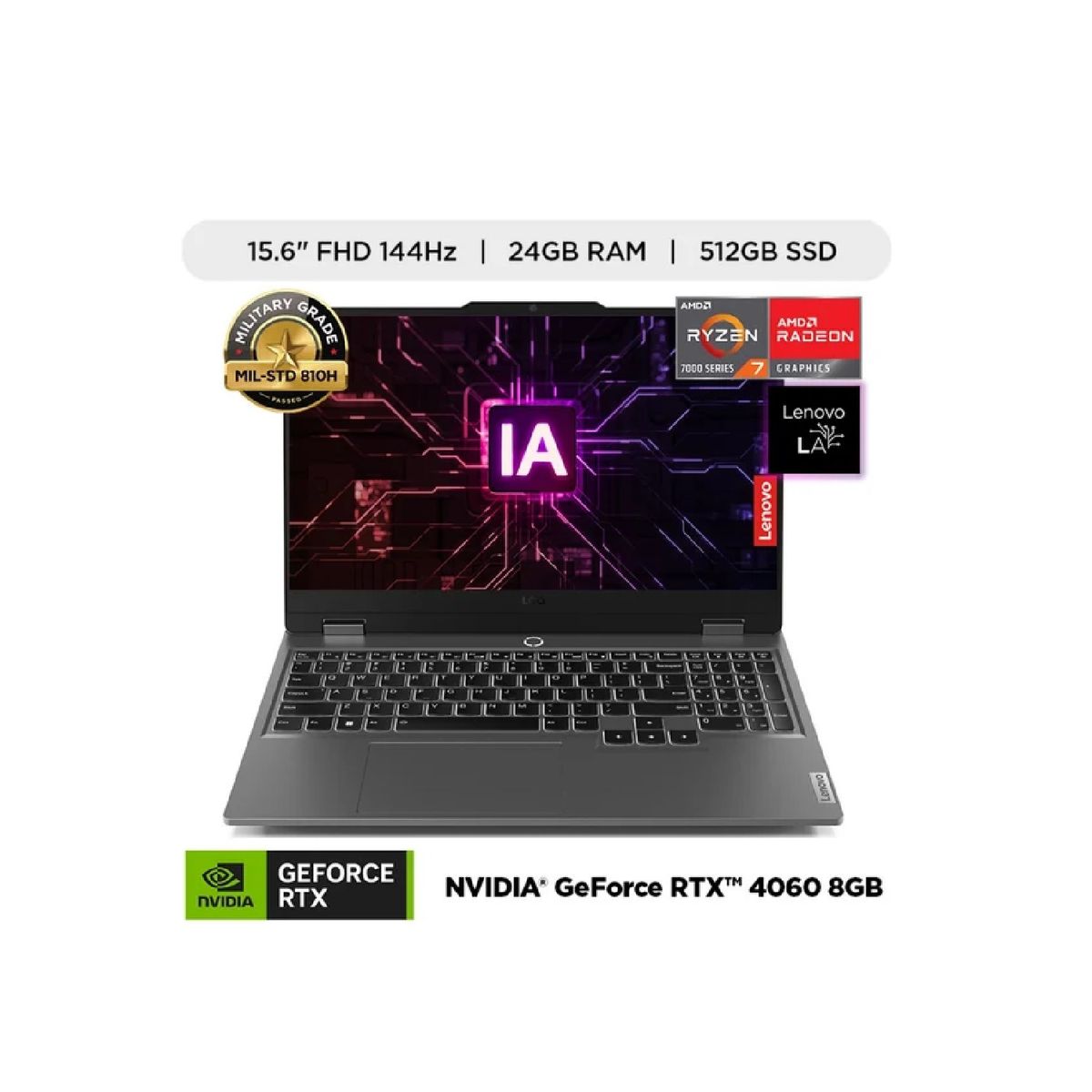 LENOVO - Laptop Gaming Lenovo LOQ 15.6'' FHD, AMD Ryzen 7 7435HS, 24GB DDR5, 512GB SSD, RTX 4060 8GB GDDR6, Windows 11 Español