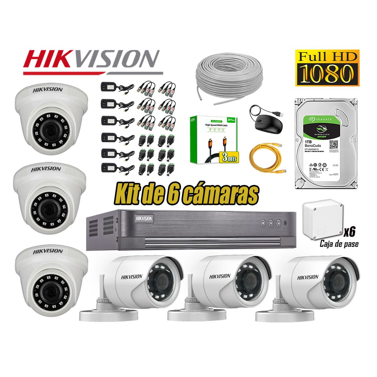 HIKVISION - Kit 6 Cámaras de Seguridad Hikvision 1080P Full Hd Disco 1TB HDMI 3M