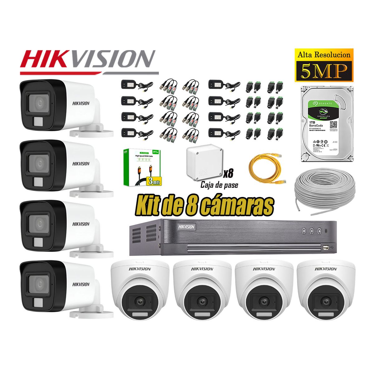 HIKVISION - Cámara Seguridad Kit 8 Hikvision 5MP 3K Audio Incorporado Disco 1TB HDMI 3M