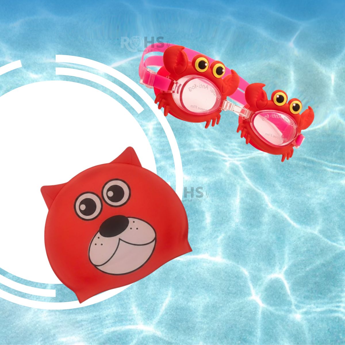 ROHS - Pack Gorro Rojo  + Lentes de Natación Con Diseño de Cangrejo Para Niños