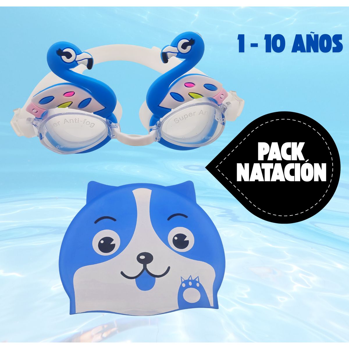 ROHS - Pack Gorro + Lentes de Natación Con Diseño Para Niños Azul