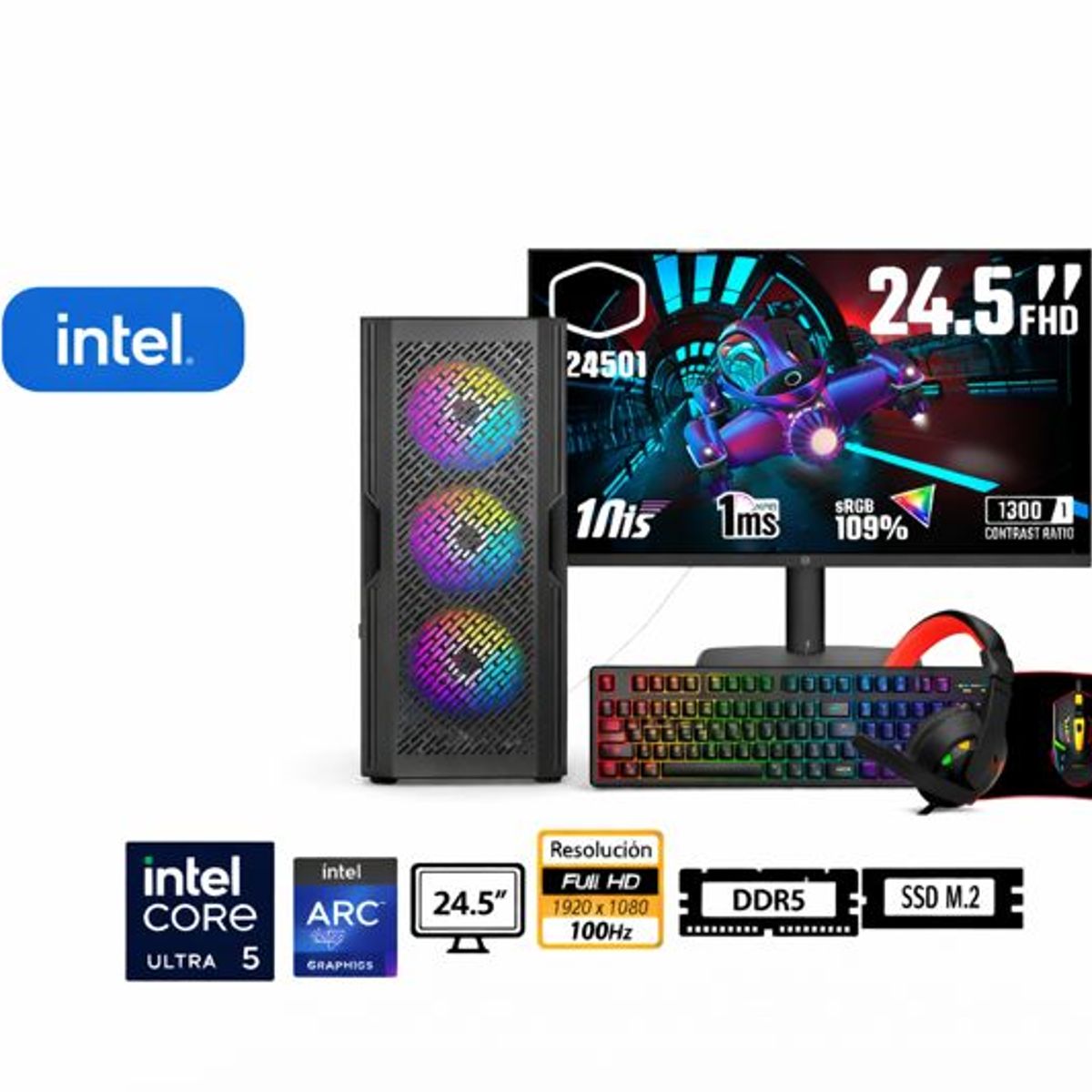INTEL - Computadora Enovu Core Ultra 5 225F 8GB 512GB SSD 24.5" Intel Arc A380 6GB Windows 11 Pro