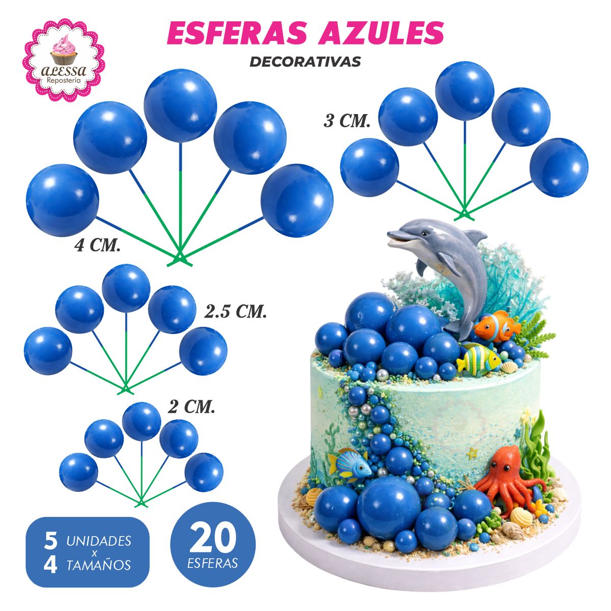 GENERICO - Esferas Decorativas Azul para Repostería - 20 unidades
