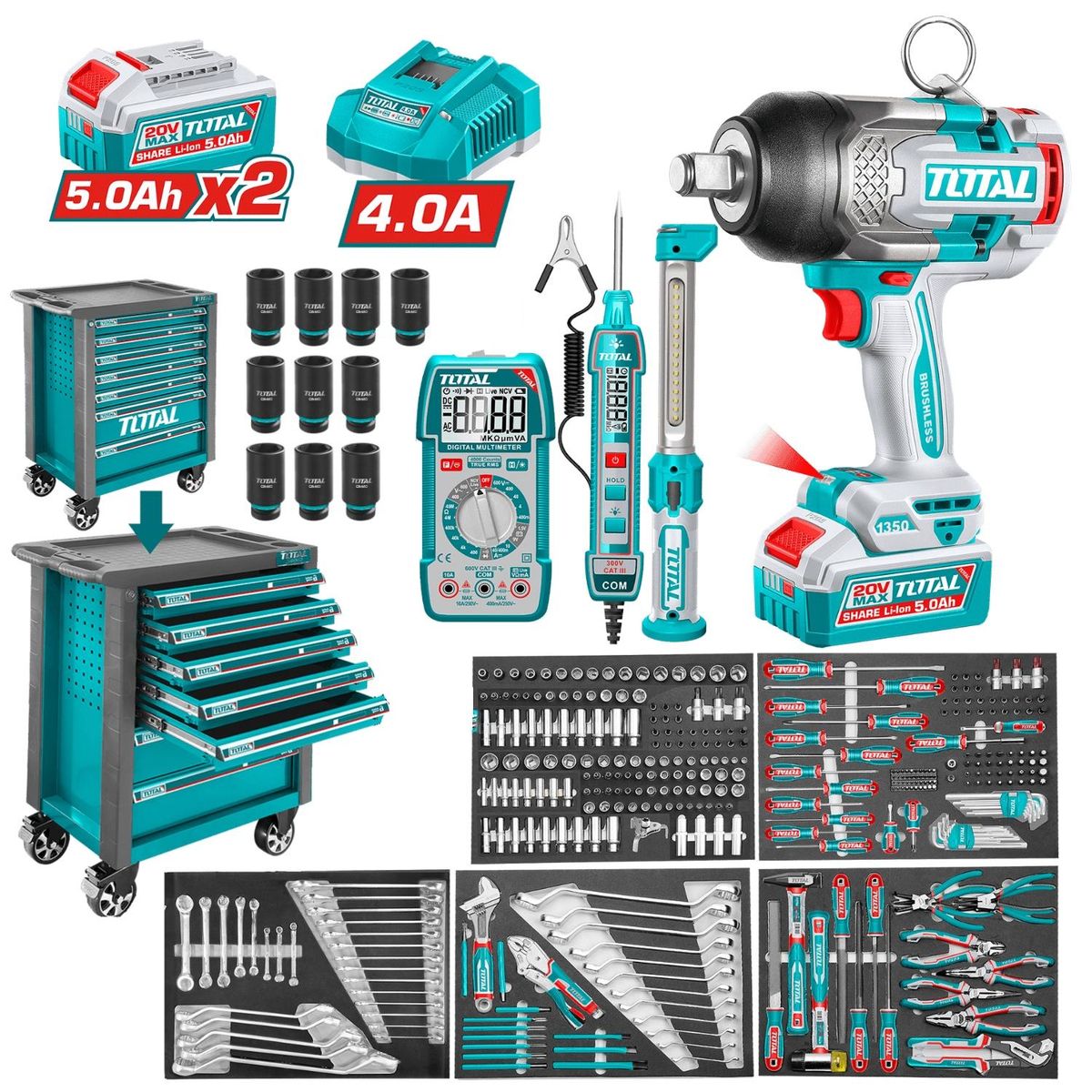 TOTAL - Gabinete metalico 7 cajones + Llave de Impacto 1350nm + 288 herramientas Total
