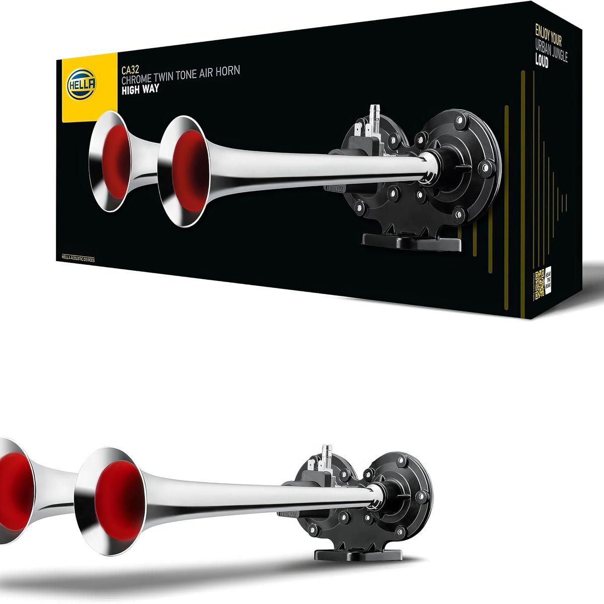 HELLA - Claxon de Aire 24V ≥ 120 dB 370  415 Hz 77W  2 Cornetas Cromado Hella