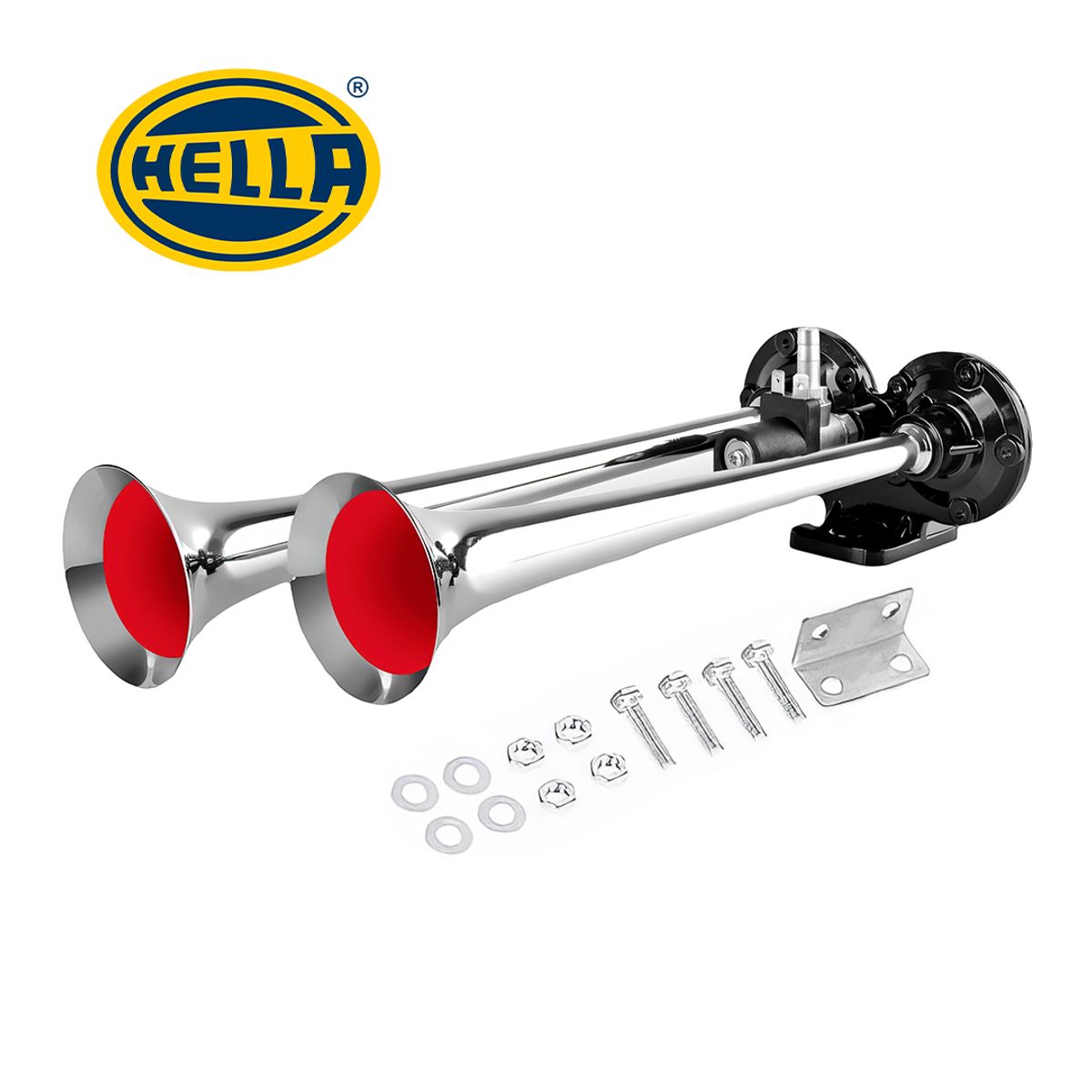 HELLA - Claxon de Aire 24V ≥ 120 dB 370  415 Hz 77W  2 Cornetas Cromado Hella