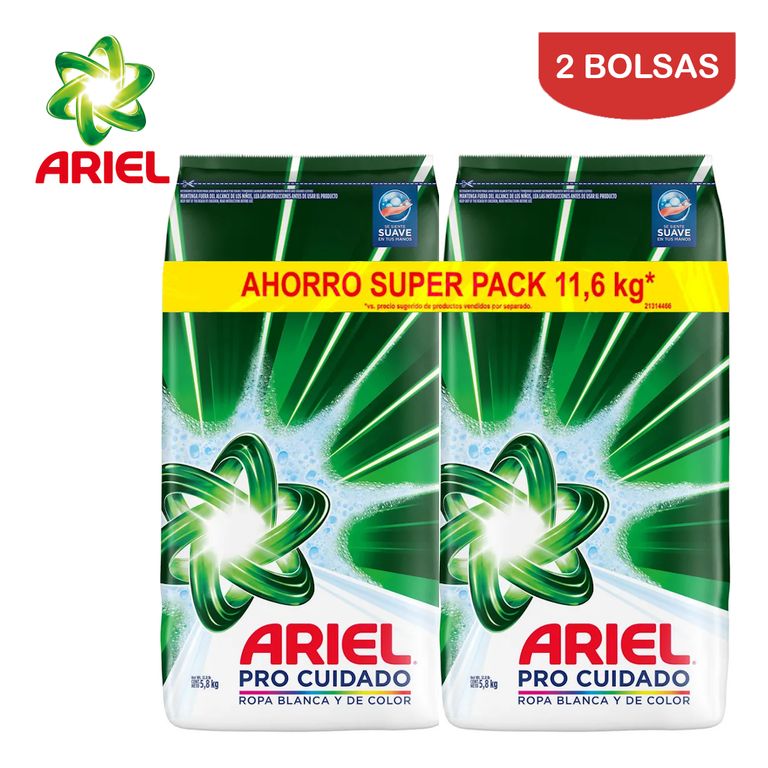 Detergente En Polvo 58 Kilos Pro Cuidado Ariel Pack 2 Bolsas 