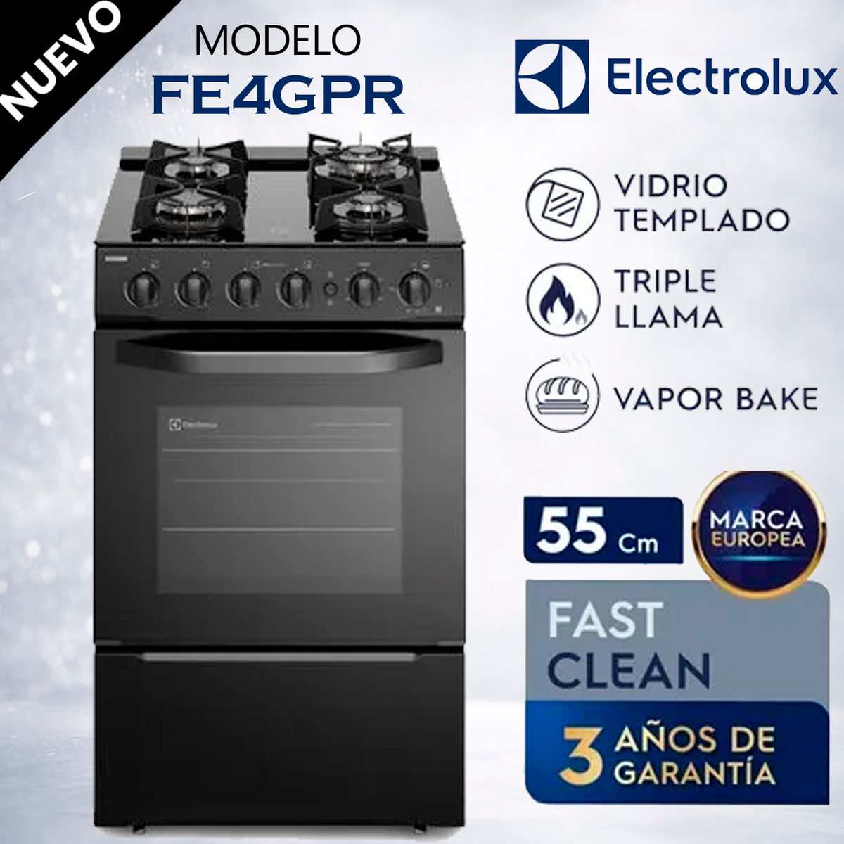 ELECTROLUX - Cocina Freestading Gas 4 Quemadores Triple Llama, Grill 55cm FE4GPR Electrolux