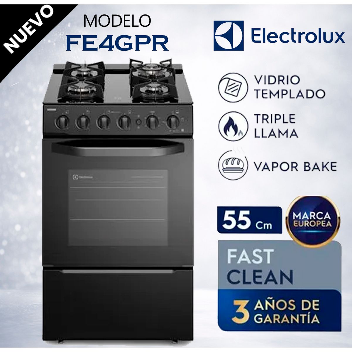 ELECTROLUX - Cocina Freestading Gas 4 Quemadores Triple Llama, Grill 55cm FE4GPR Electrolux