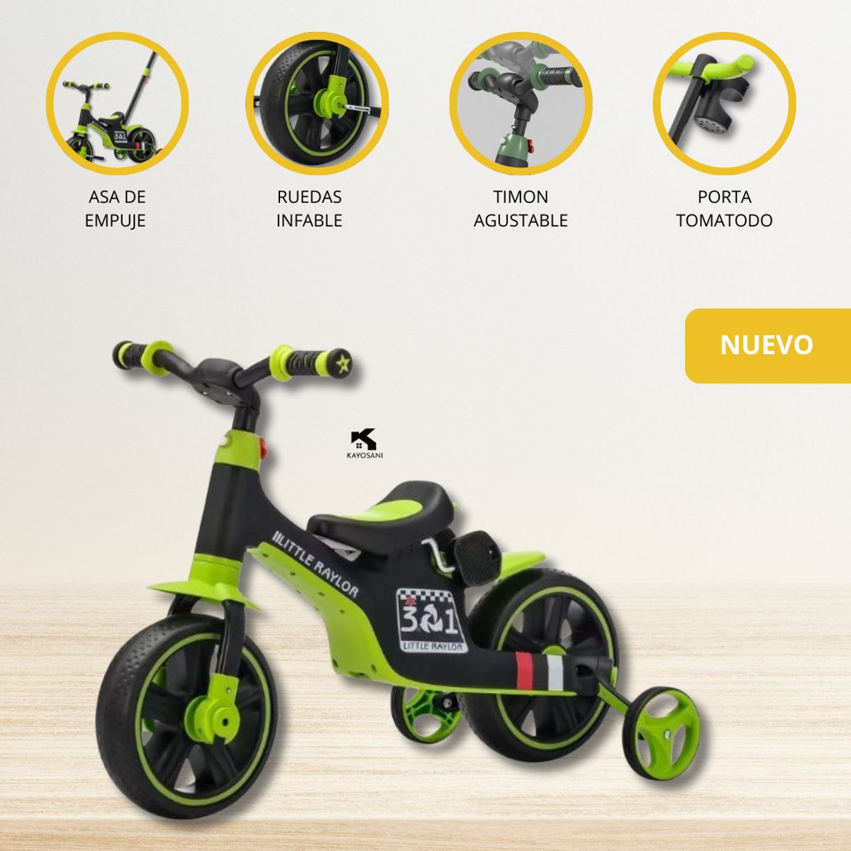 GENERICO - Bicicleta Guía 3 en 1 para Niños «CYCLO GUÍA» GREEN