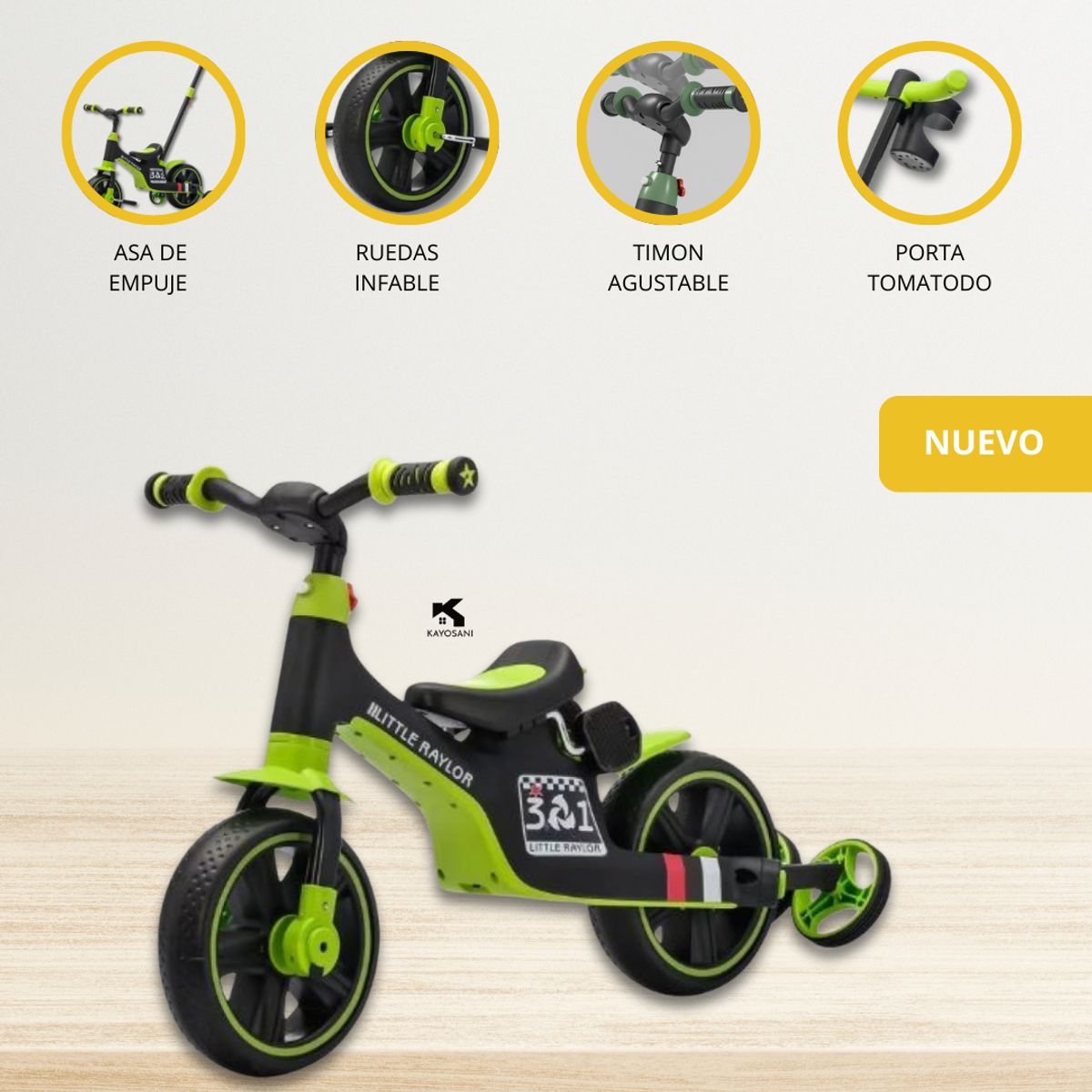 GENERICO - Bicicleta Guía 3 en 1 para Niños «CYCLO GUÍA» GREEN