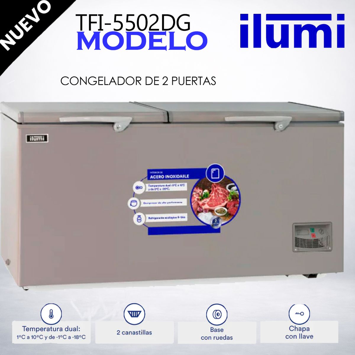 ILUMI - Congelador con tina de Acero Inoxidable de 550 litros - TFI-5502DG