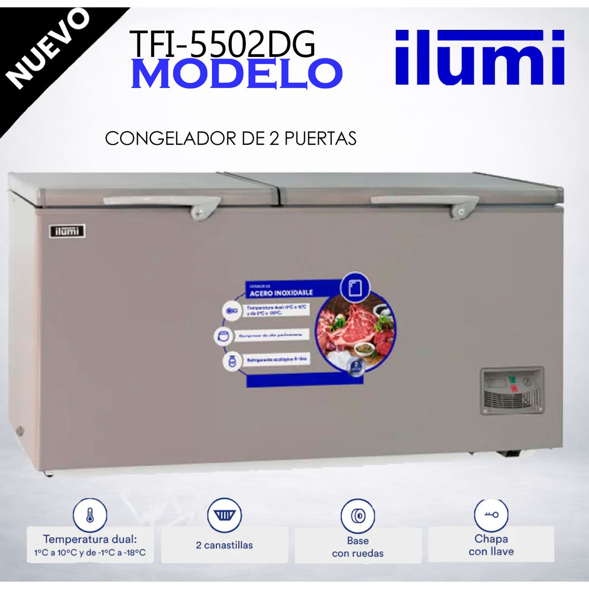 ILUMI - Congelador con tina de Acero Inoxidable de 550 litros - TFI-5502DG