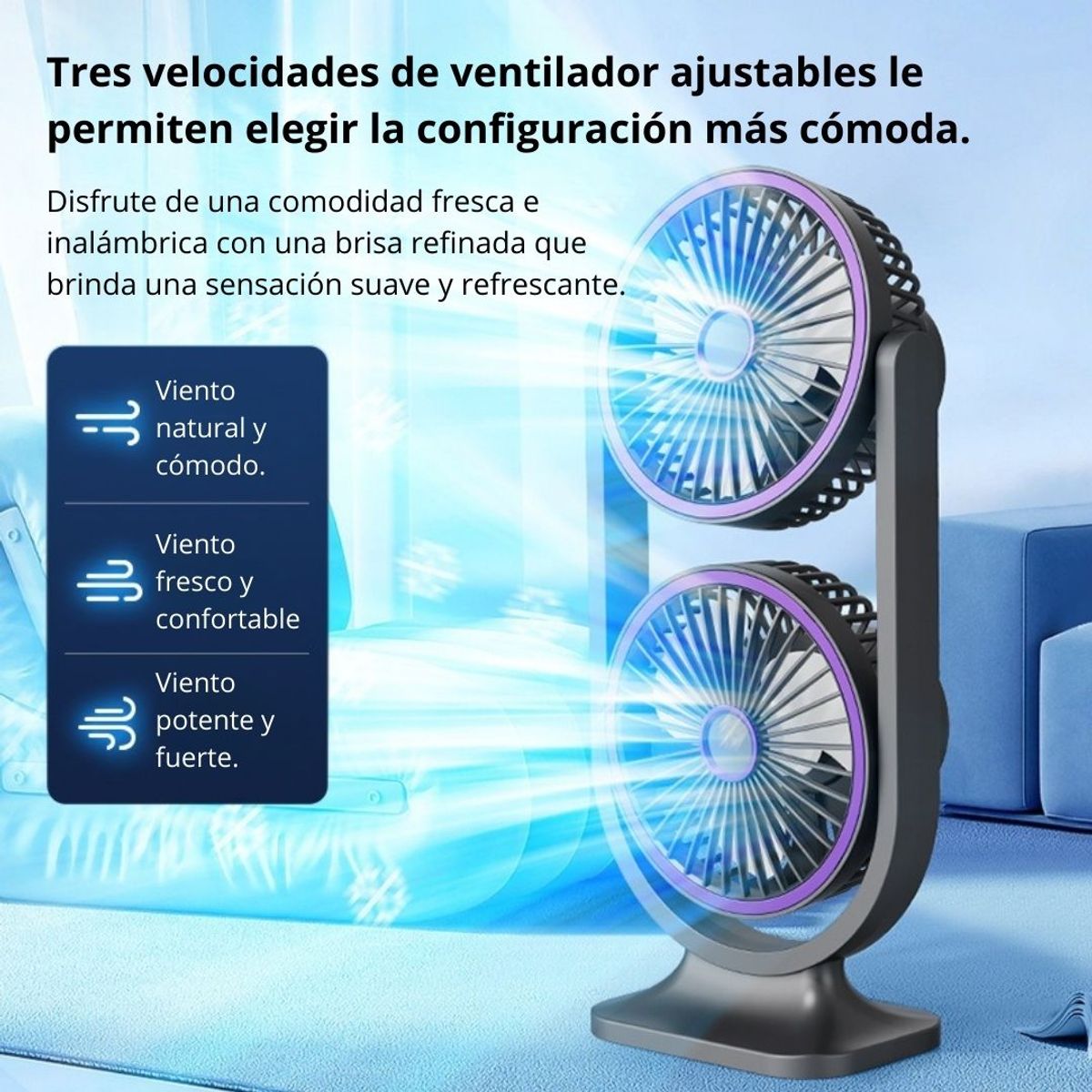 GENERICO - Ventilador de Escritorio Doble Cabezal Recargable con Rotación 360°, 3 Velocidades y Luz LED