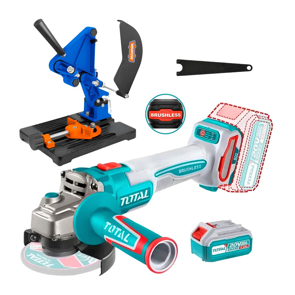TOTAL TOOLS - Amoladora Inalámbrica + 1 Bat 4ah + Soporte Amolador Azul Petróleo