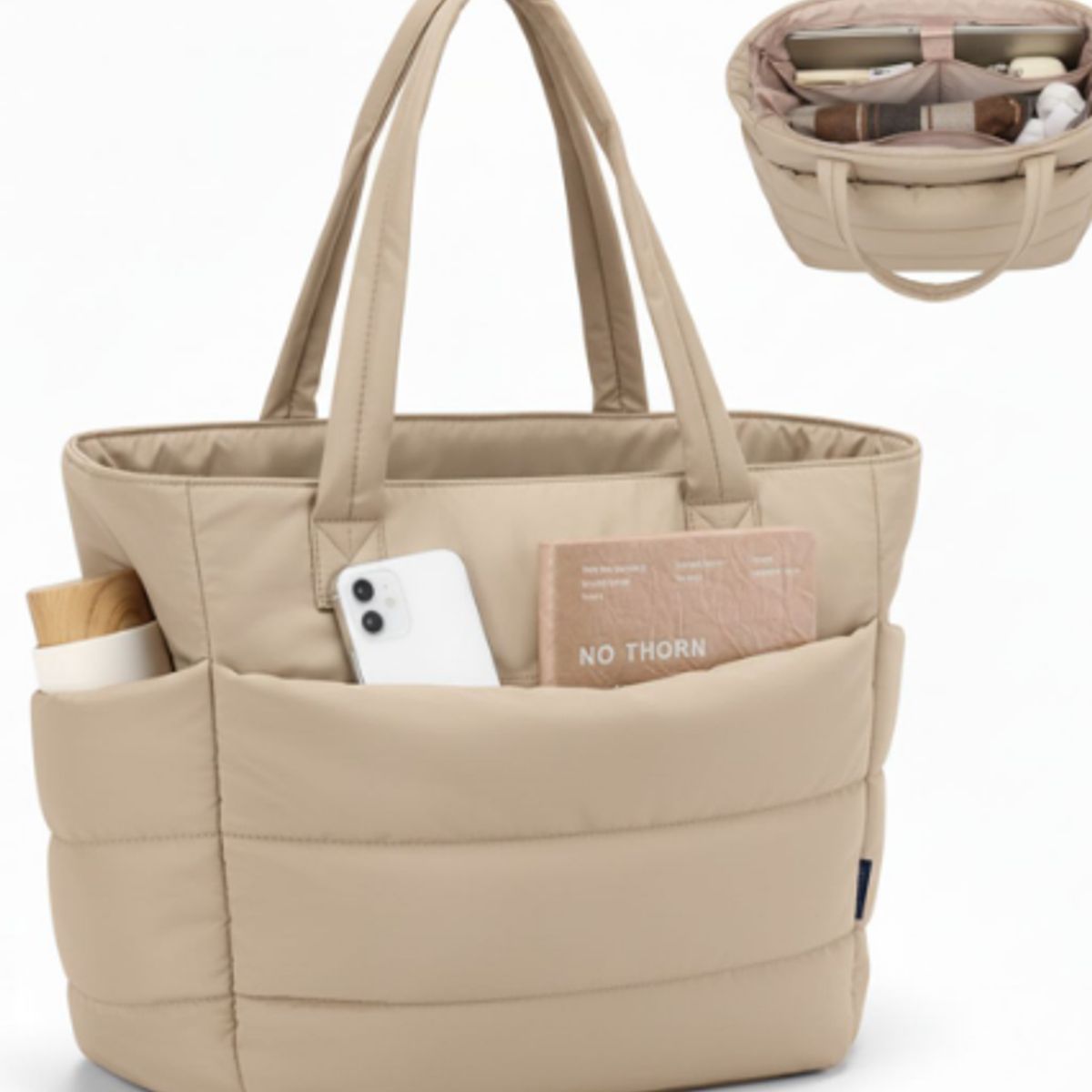 GENERICO - BOLSO PUFFER PORTALAPTOP PARA MUJER TOP UNIVERSITARIO BEIGE