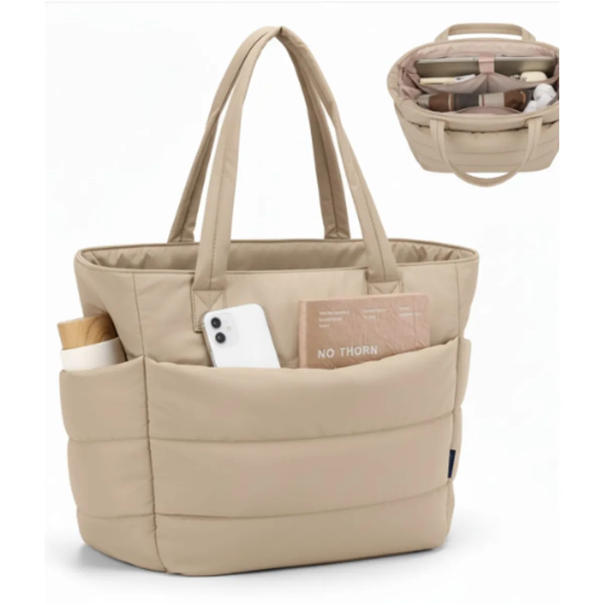 GENERICO - BOLSO PUFFER PORTALAPTOP PARA MUJER TOP UNIVERSITARIO BEIGE