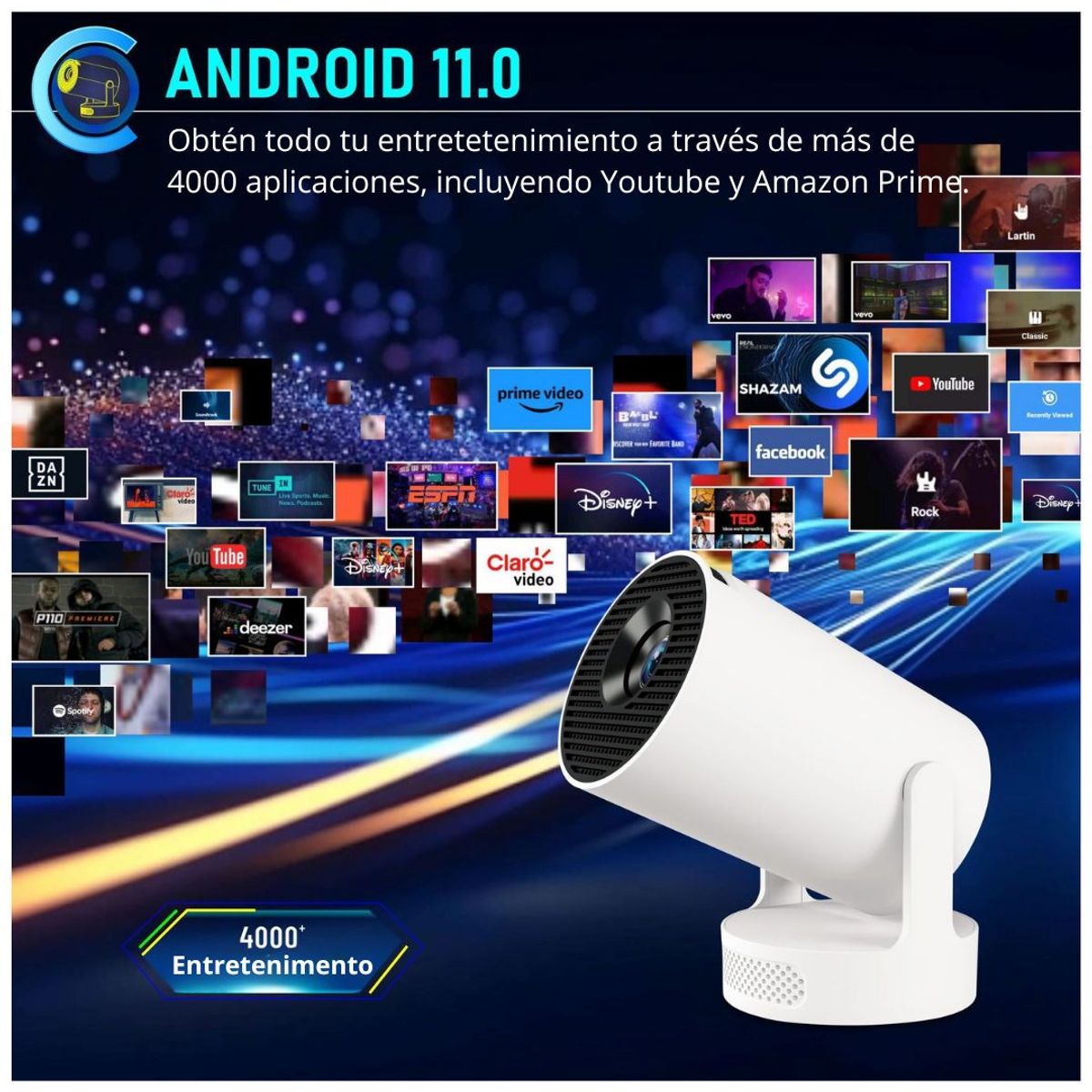 SEISA - Proyector Portátil Smart Android Full HD 180° con WiFi 6 Bluetooth y Control Remoto HY300 Ultra