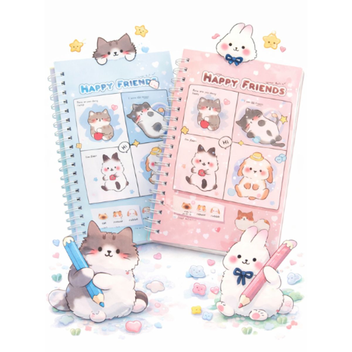 GENERICO - Cuaderno kawaii A5 Happy Friends Pack x2 celeste y crema