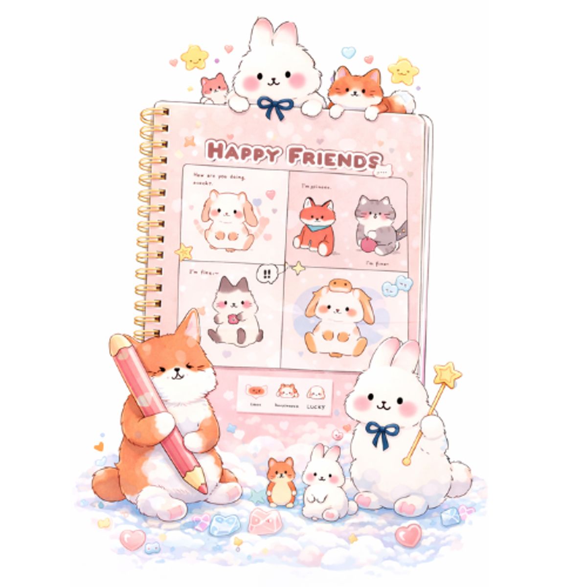 GENERICO - Cuaderno kawaii A5 Happy Friends Pack x2 celeste y crema