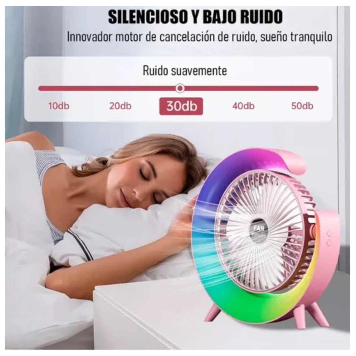 Ventilador con Lámpara Portátil de Escritorio Silencioso con Luces RGB  Inclinación 360°, marca GENERICO - Foto 2