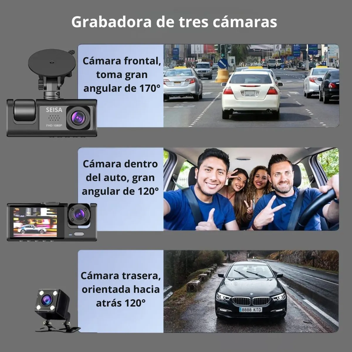 SEISA - Cámara para Auto Full HD Dash Cam 1080P con 3 Cámaras Frontal, Interior y Trasera, Pantalla 2”