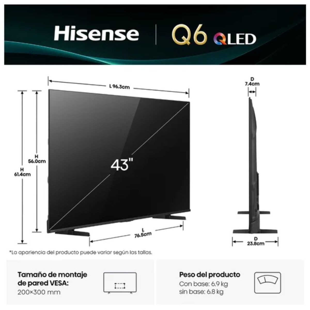HISENSE - Televisor HISENSE QLED 43 UHD 4K Smart TV 43Q6QV