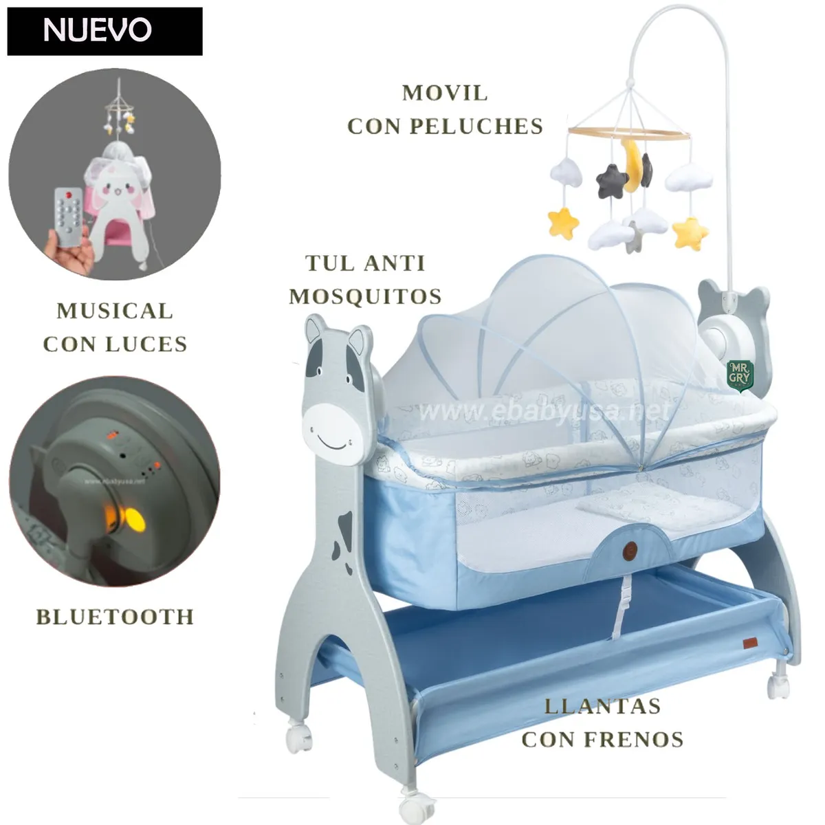 EBABY - Cuna Colecho Mecedora para Bebé SEREN Azul