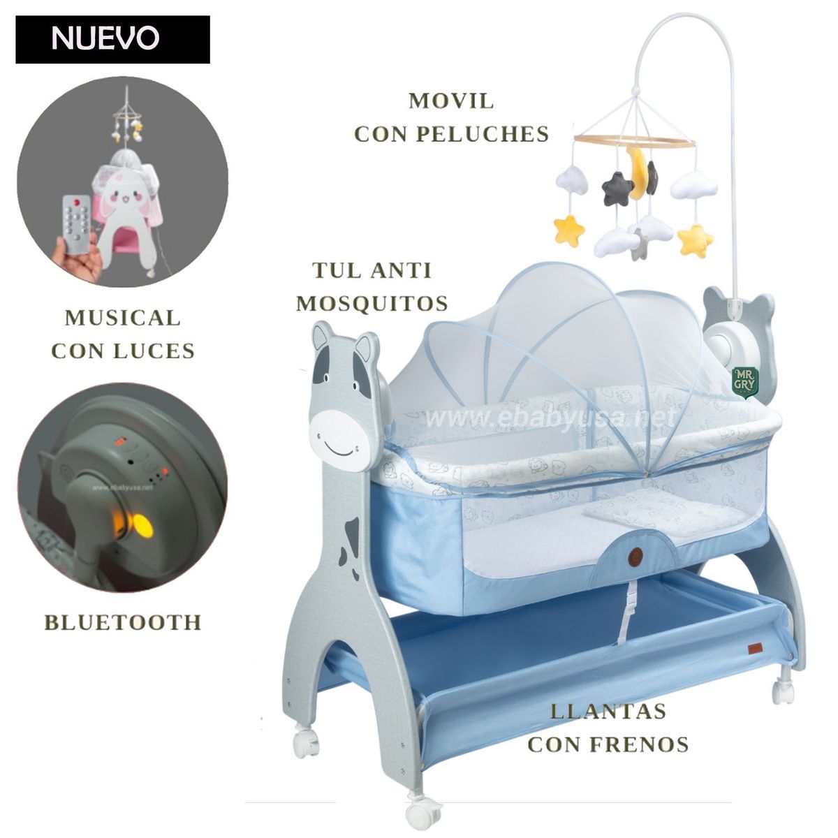 EBABY - Cuna Colecho Mecedora para Bebé SEREN Azul