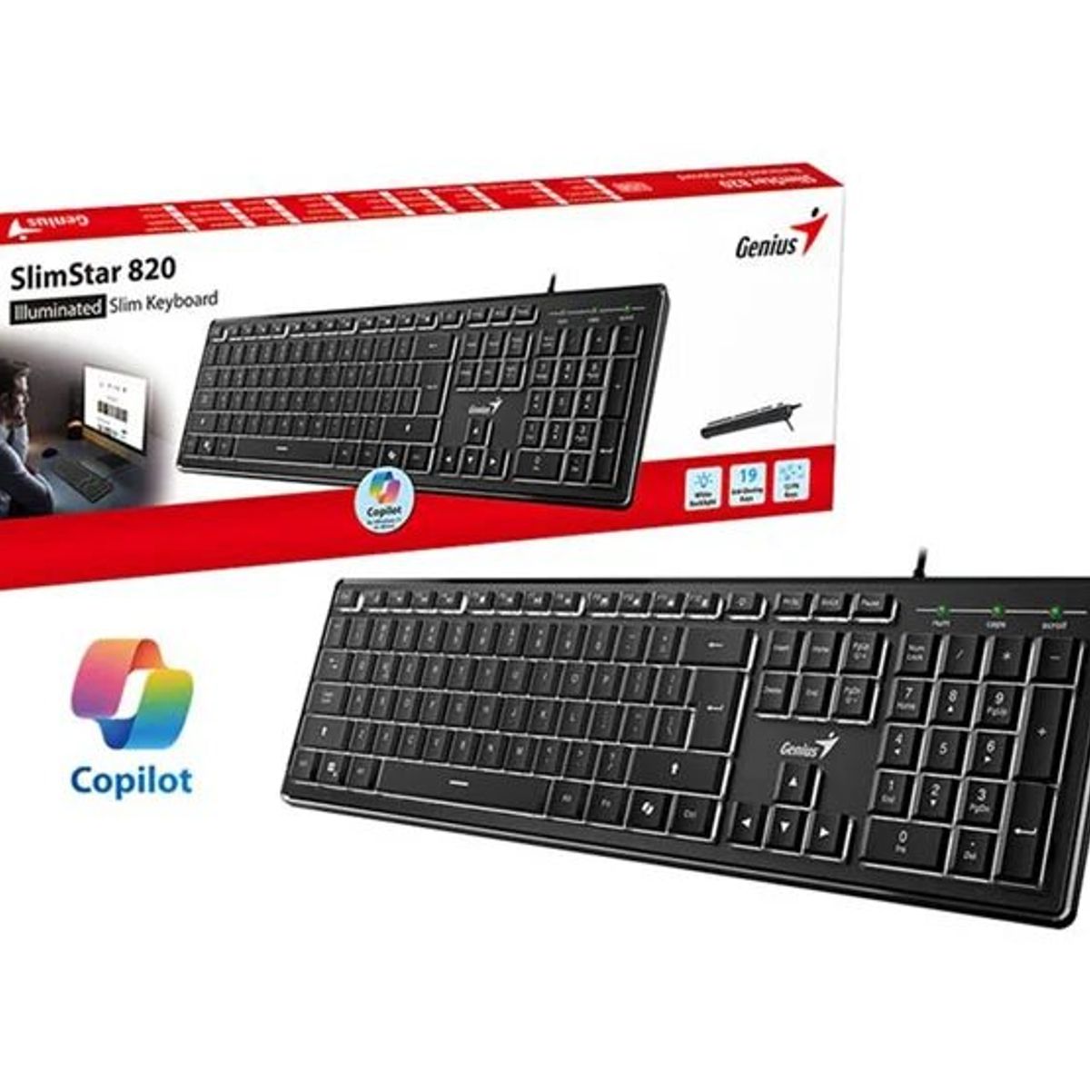 GENIUS - TECLADO GENIUS SLIMSTAR 820 AI COPILOT RETROILUMINADO USB SP BLACK