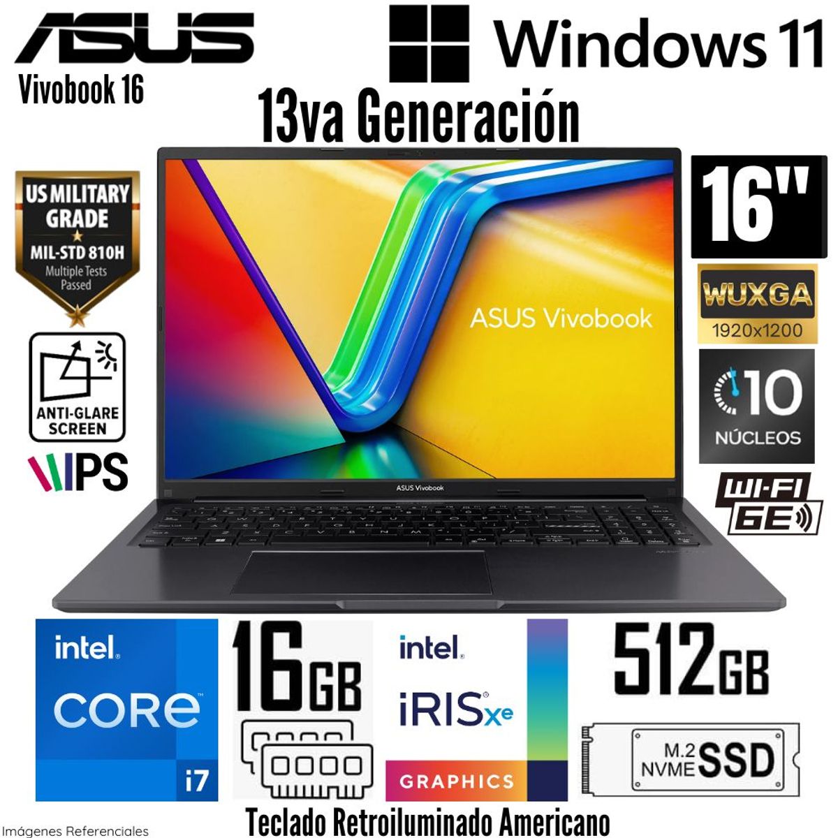 ASUS - Laptop Asus Vivobook 16 F1605VA-WS74 Intel Core i7-1355U 16GB RAM 512GB 16"  WUXGA - Indie Black