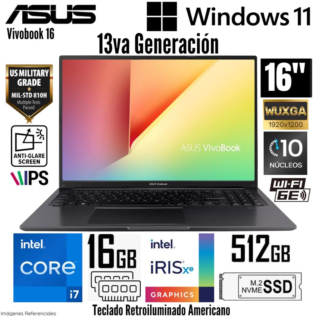 ASUS - Laptop Asus Vivobook 16 F1605VA-WS74 Intel Core i7-1355U 16GB RAM 512GB 16"  WUXGA - Indie Black