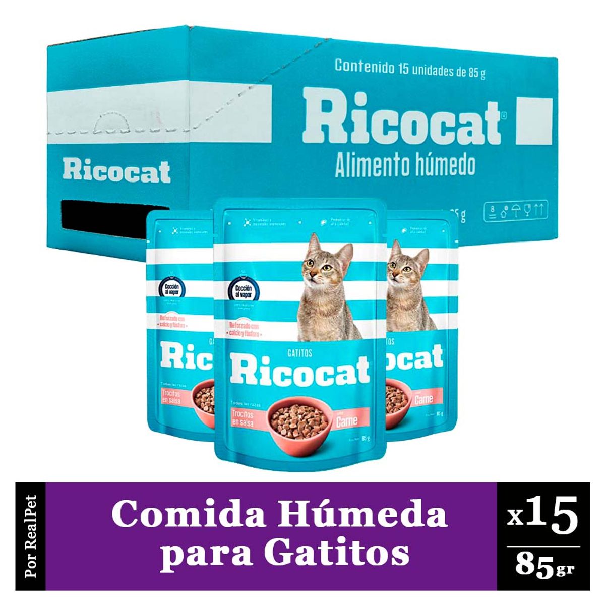 RICOCAT - Pack Caja x15 Comida Húmeda para Gatito Ricocat Carne 85gr