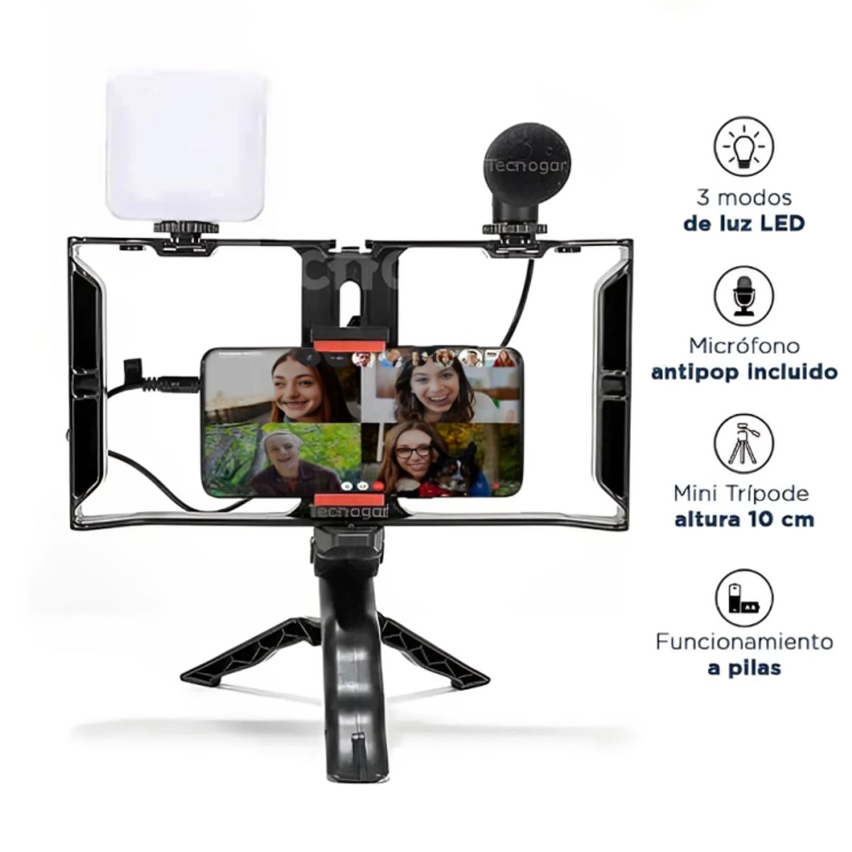 GENERICO - Kit Vlogging Recargable Doble Luz LED Trípode y Micrófono - Video Making