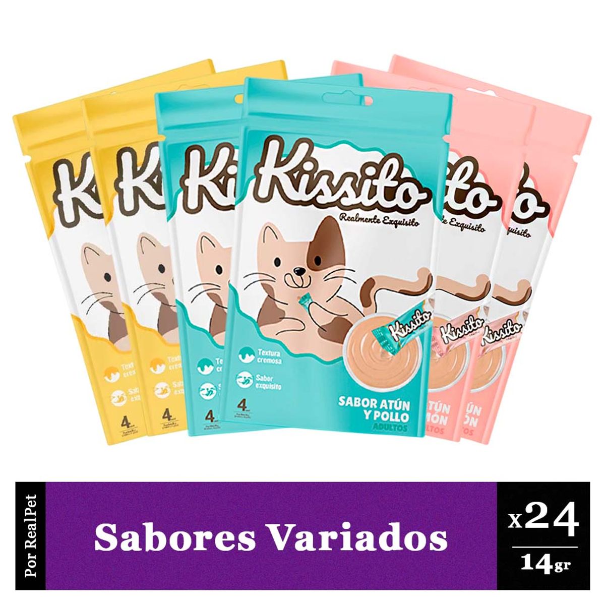 GENERICO - Pack Snack Cremoso para Gato Kissito Varios Sabores 6 sobres