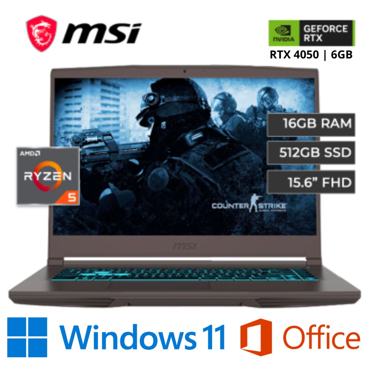 MSI - LAPTOP GAMER MSI THIN A15 B7VE AMD RYZEN 5 7535HS RTX4050 6GB SSD 512GB RAM 16GB 15.6" FHD 144HZ IPS