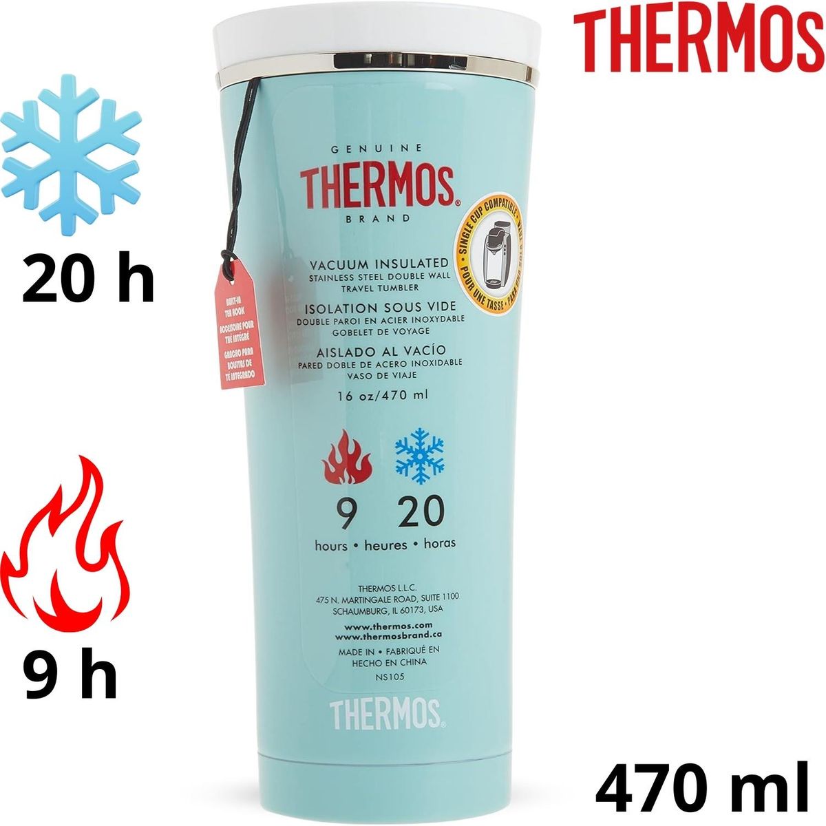 THERMOS - Thermos Sipp - Vaso de viaje de acero inoxidable de 16 onzas, turquesa mate
