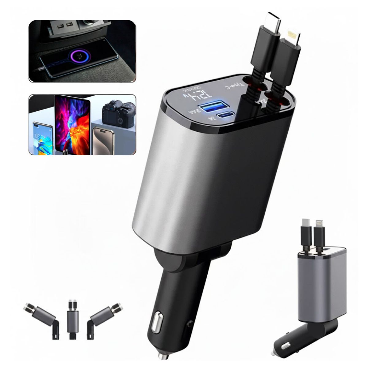 GENERICO - Cargador para Carro 120W Voltios Cable Retráctil Súper Rápido 4 en 1