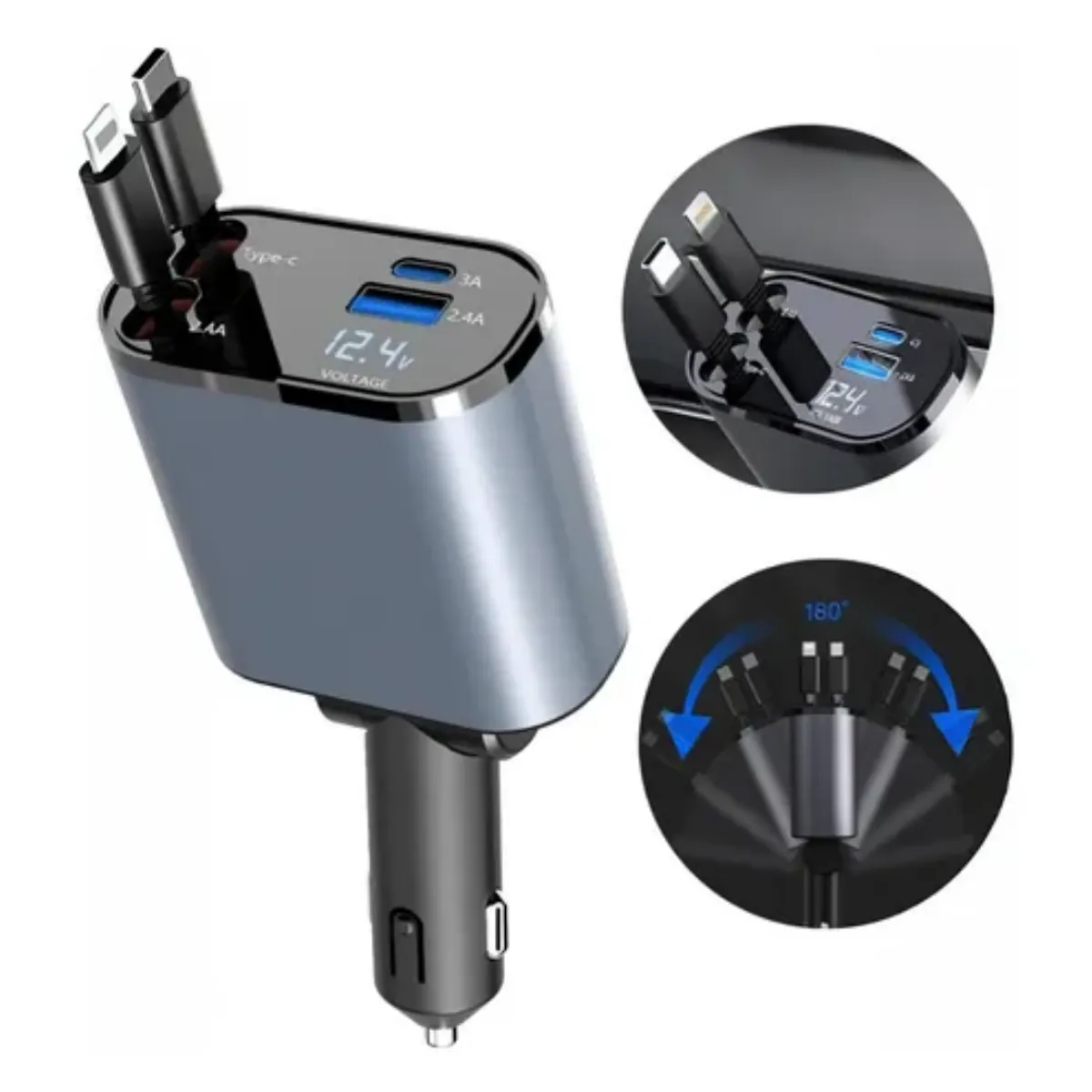GENERICO - Cargador para Carro 120W Voltios Cable Retráctil Súper Rápido 4 en 1