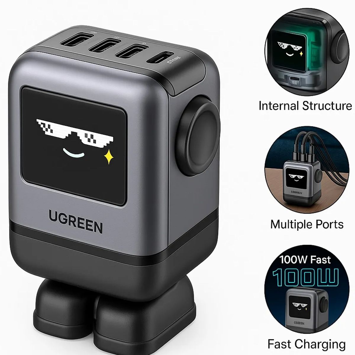 UGREEN - Cargador Gan Fast 100w Usb-c Con Pantalla Ugreen X688 Negro