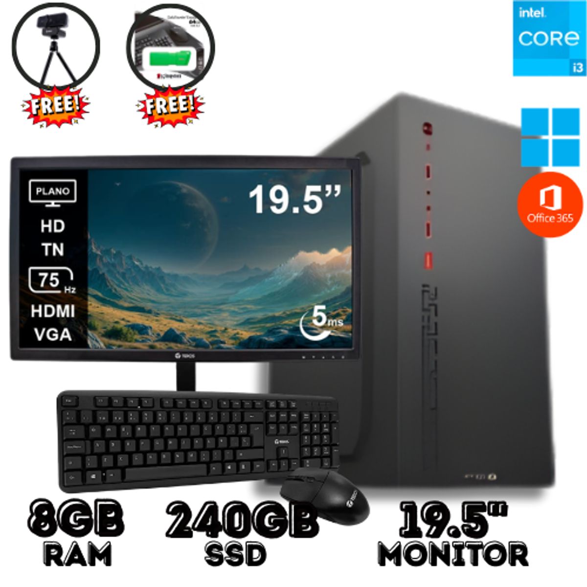 INTEL - PC DE OFICINA CORE I3 8GB RAM 240GB SSD CON MONITOR