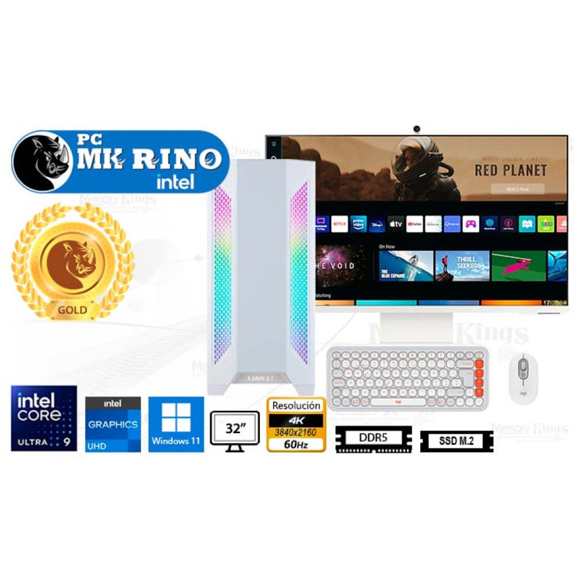 INTEL - Computadora Enovu Core Ultra 9 285 Lancool II White 16GB 1TB SSD 32" Intel Graphics Windows 11 Pro
